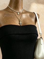 Black Ribbed Knit Strapless Bandeau Top