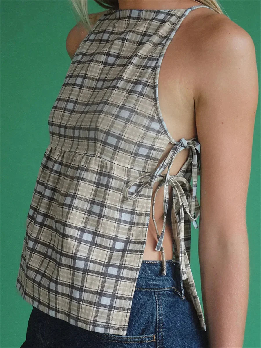 Cut Out Side Tie Up Vest Casual Loose Sleeveless Crop Top
