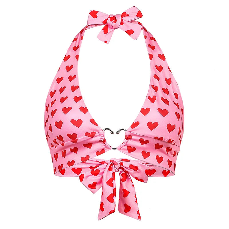 Pink Heart Print Cute Bustier Crop Top