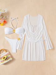 Sexy Long Sleeve Cover Up 3 Piece Bikini Set