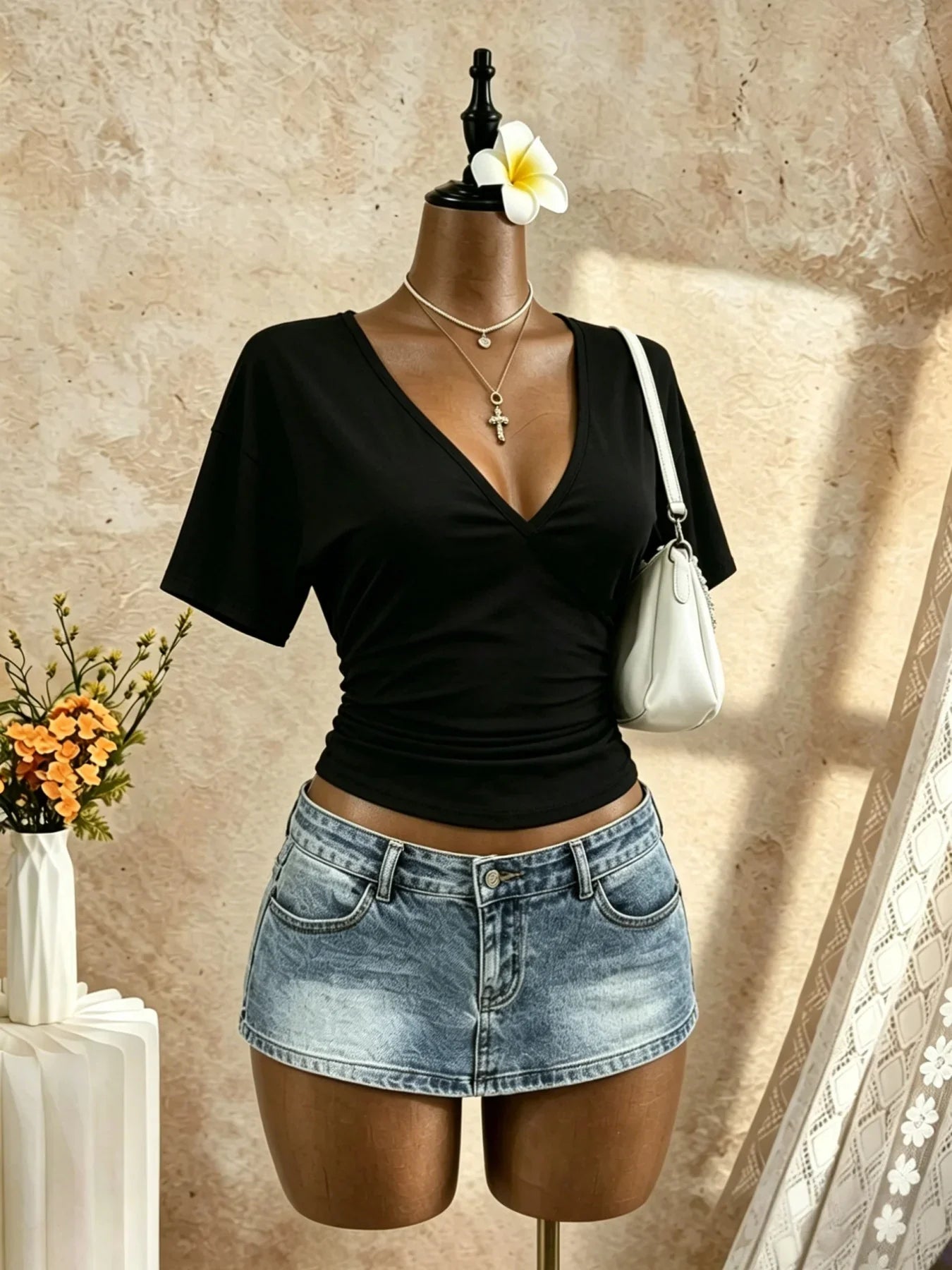 Front Side Ruched Slim Fit Cropped Casual T Shirt