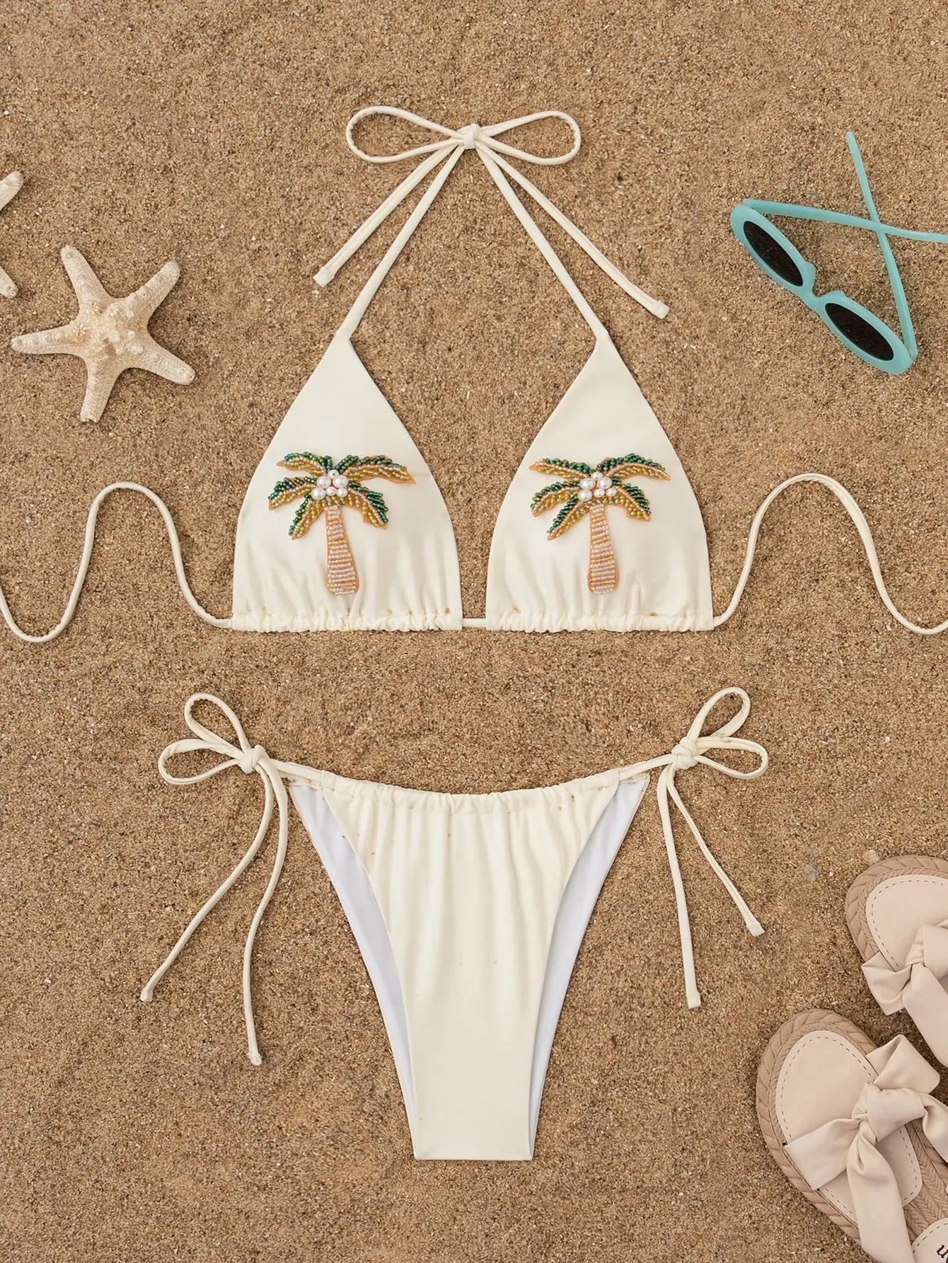 Sexy Beige 3D Pearls Coconut Tree Bikini Set