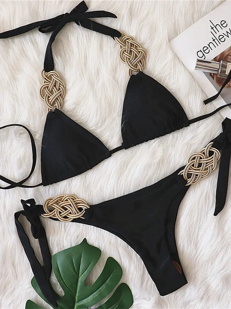 Sexy Orange Weave Patchwork Bikini Set