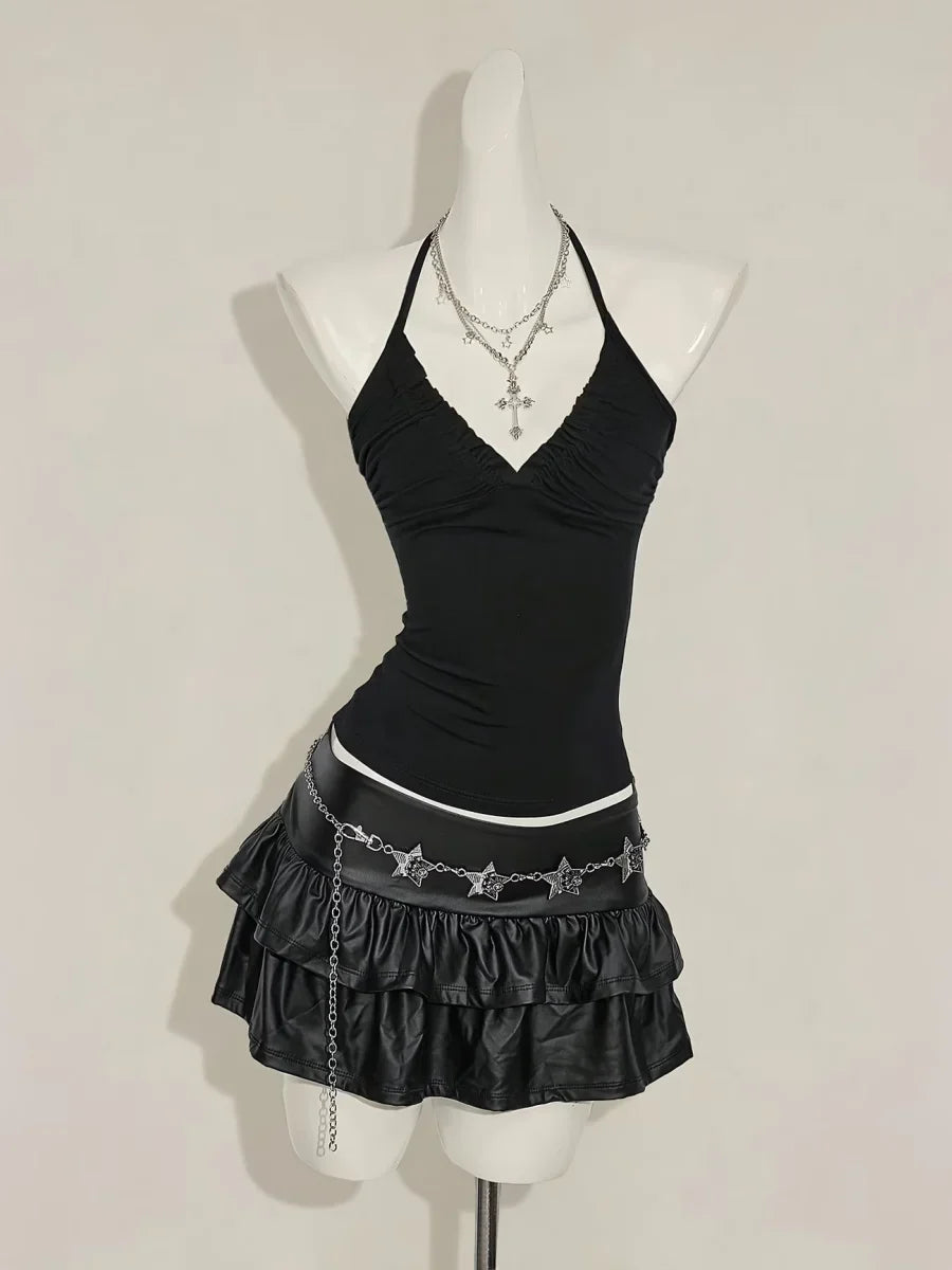 Halter Neck Solid Ruched V-Neck Back Tie Tank Top