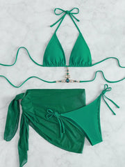 3 Pieces Mesh Skirt Swimwear Women Luxury Green Red Rhinestone Designer Bikini Set
