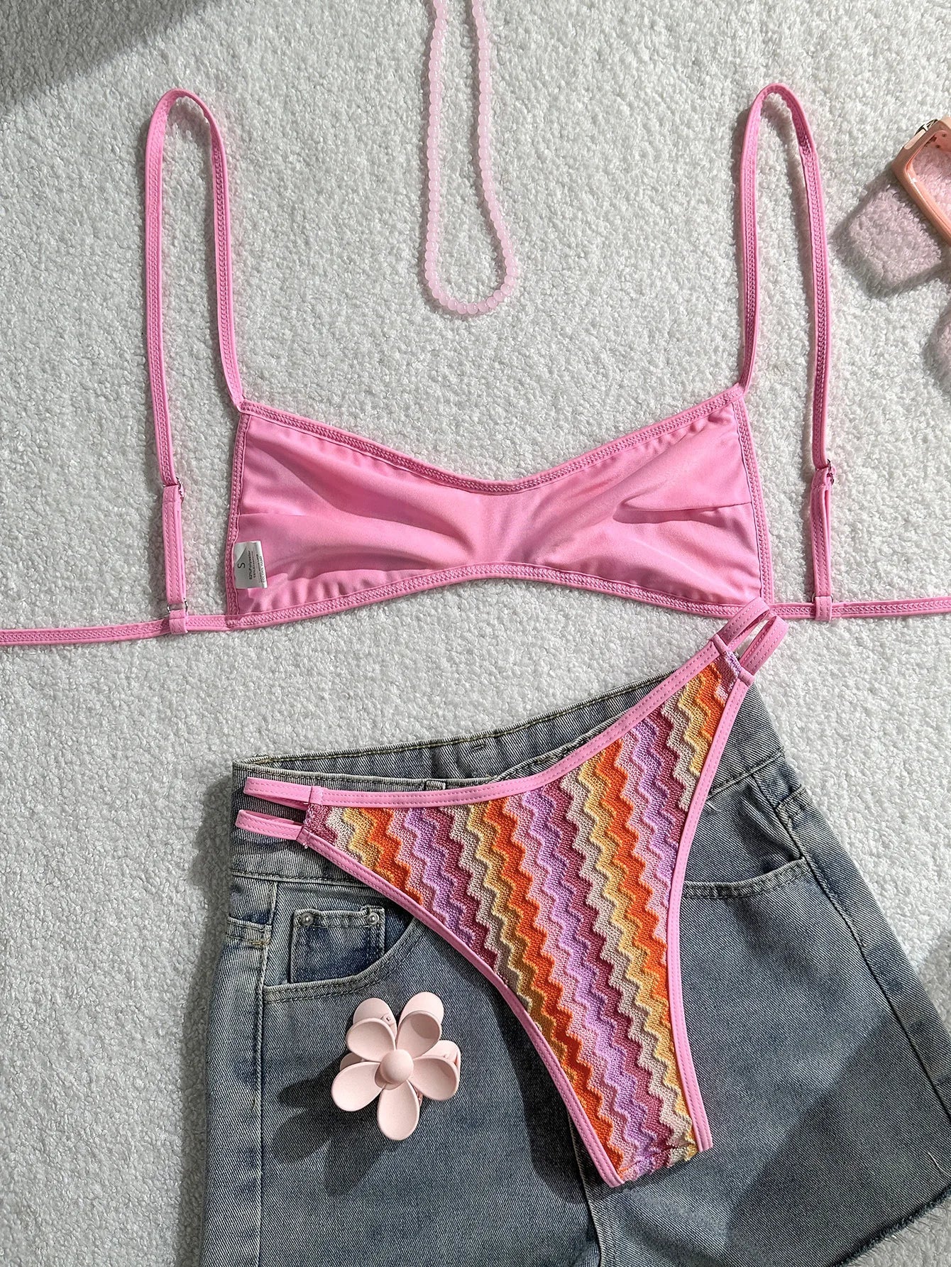 Vintage Crochet Pink Striped Bikini Set
