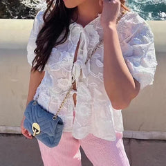 Floral Embroidery Bow Tie Front Babydoll Crop Tops