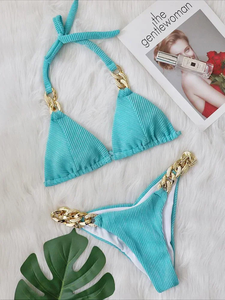 Halter Ribbed Metal Chains Diamond Bikini