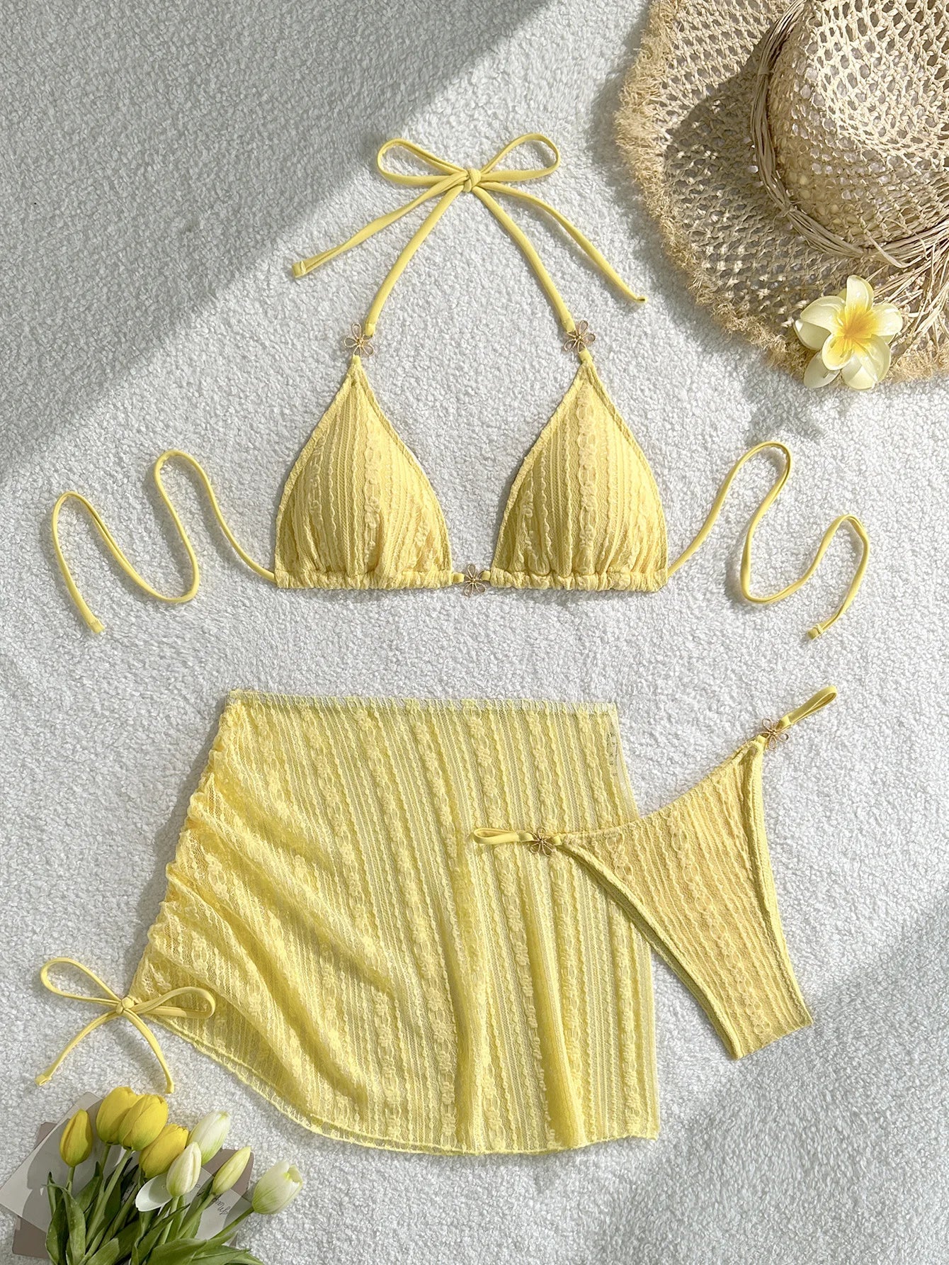 Sexy Drawstring Pleate Skirt 3 Piece Bikini Set