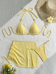 Sexy Drawstring Pleate Skirt 3 Piece Bikini Set
