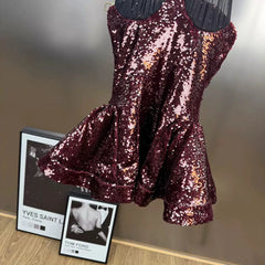 Red Sequins Halter Evening Dress