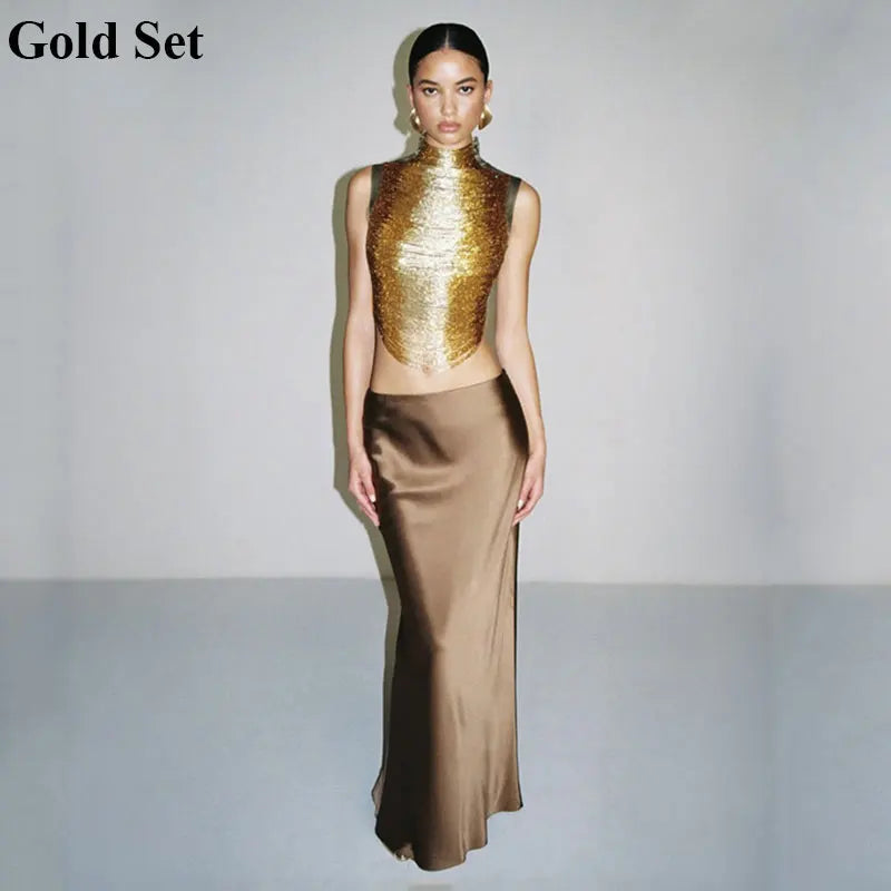 Satin Sexy Tassel Crop Tops Mermaid Long Skirt Sets Elegant Sleeveless Slim Tank Top Vest Party Set