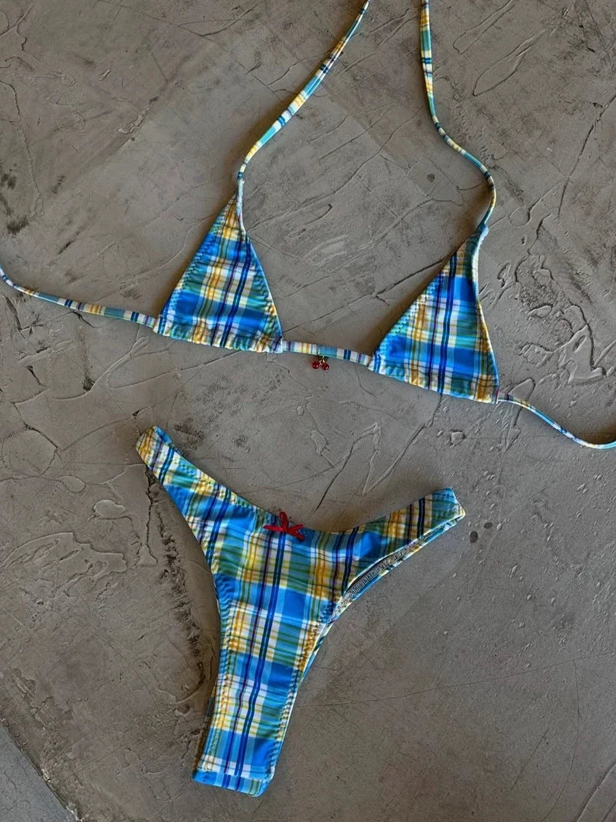Sexy Blue Plaid Micro Bikini Set