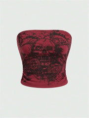 Skull Printed Off the Shoulder Tube Top