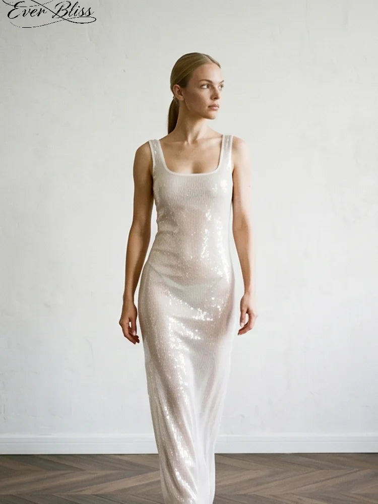New White Sequin & Sparkle Sleeveless Camisole Maxi Dress