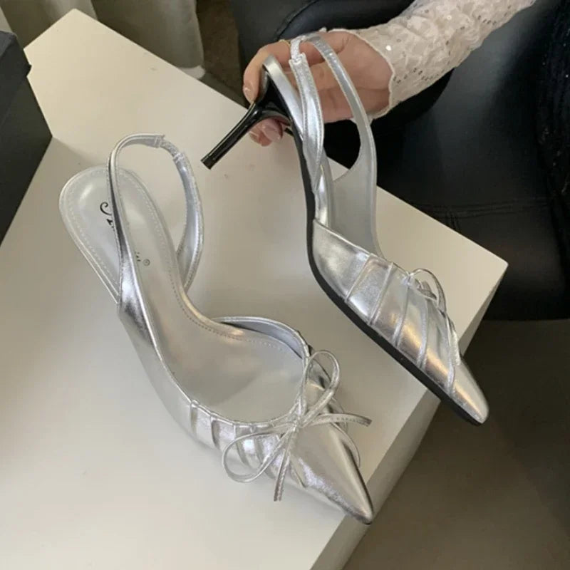 Pointed Toe Designer Slingback Shallow Bow Thin Heels High Heel
