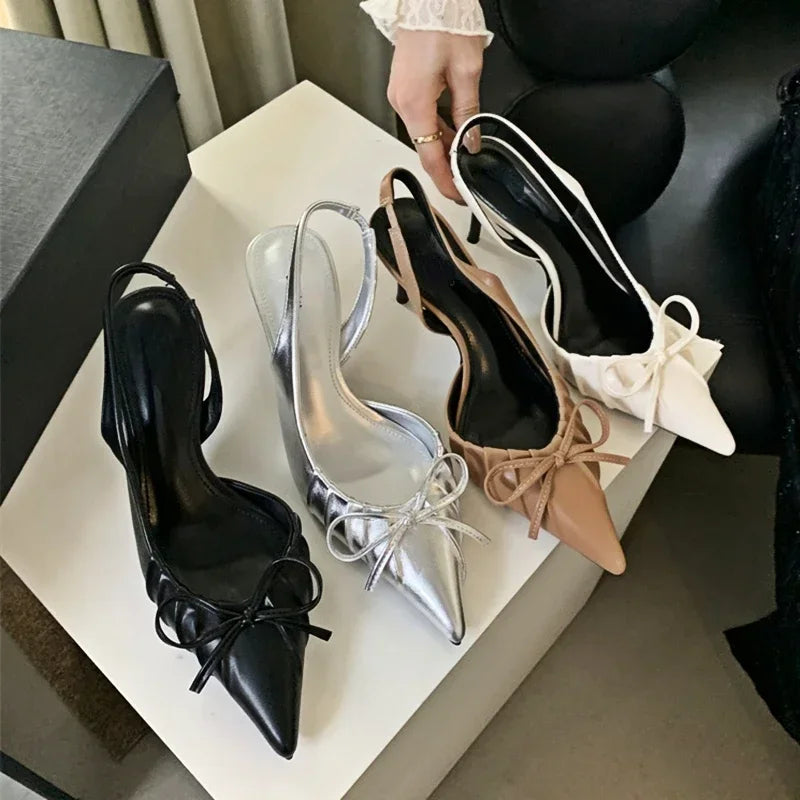 Pointed Toe Designer Slingback Shallow Bow Thin Heels High Heel