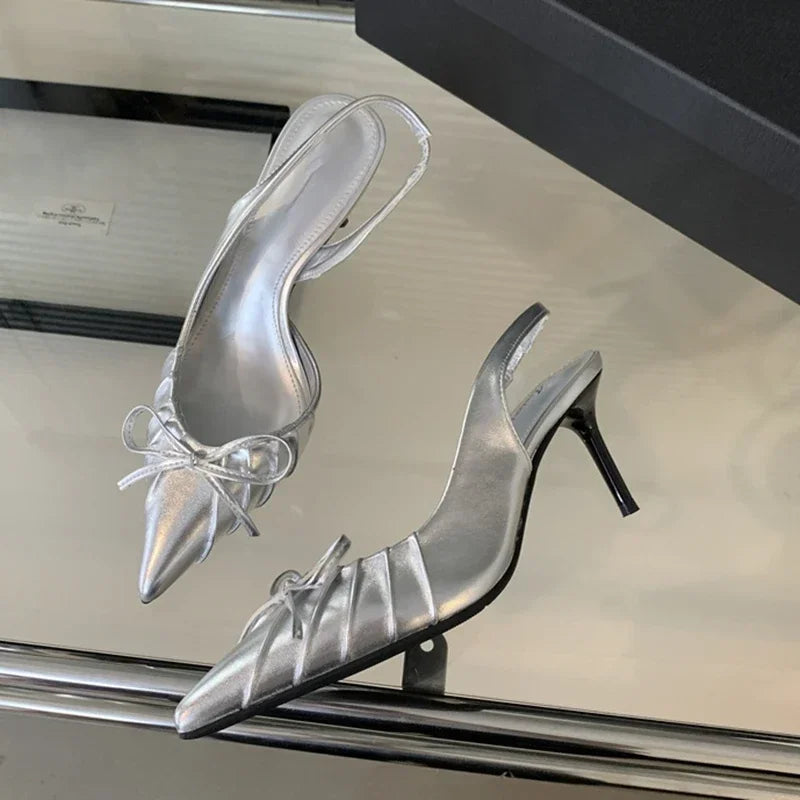 Pointed Toe Designer Slingback Shallow Bow Thin Heels High Heel