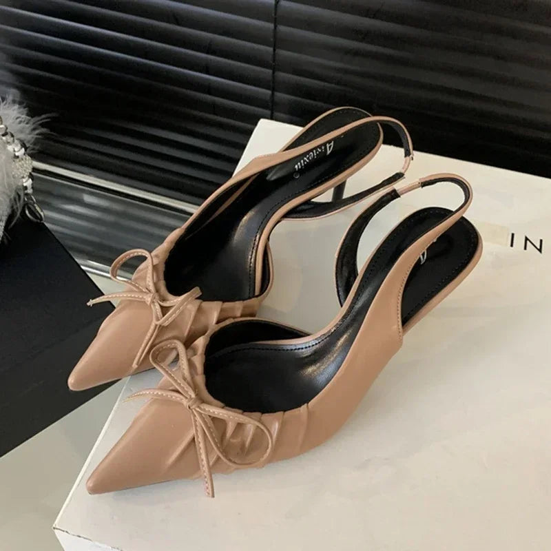 Pointed Toe Designer Slingback Shallow Bow Thin Heels High Heel
