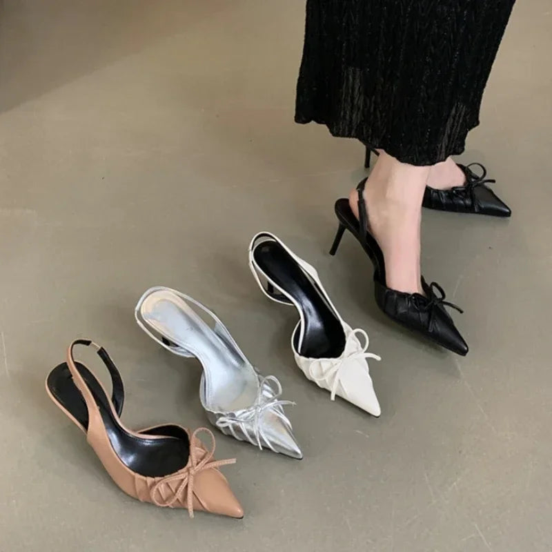Pointed Toe Designer Slingback Shallow Bow Thin Heels High Heel