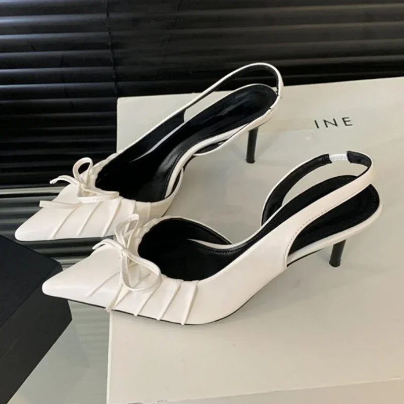 Pointed Toe Designer Slingback Shallow Bow Thin Heels High Heel