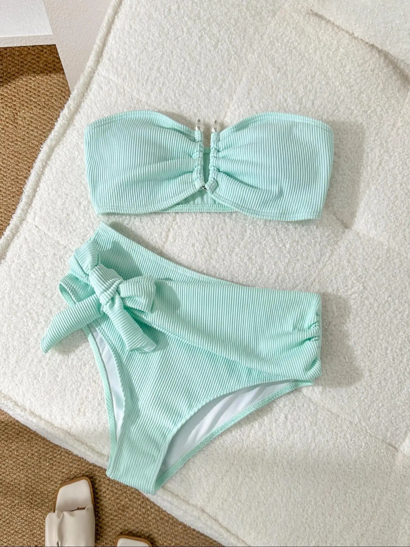 Bandeau Metal U Wire Push Up Belt High Waist Swimsuit