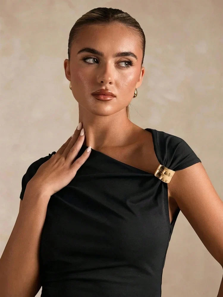 Asymmetrical Pleating Neck Crop Top
