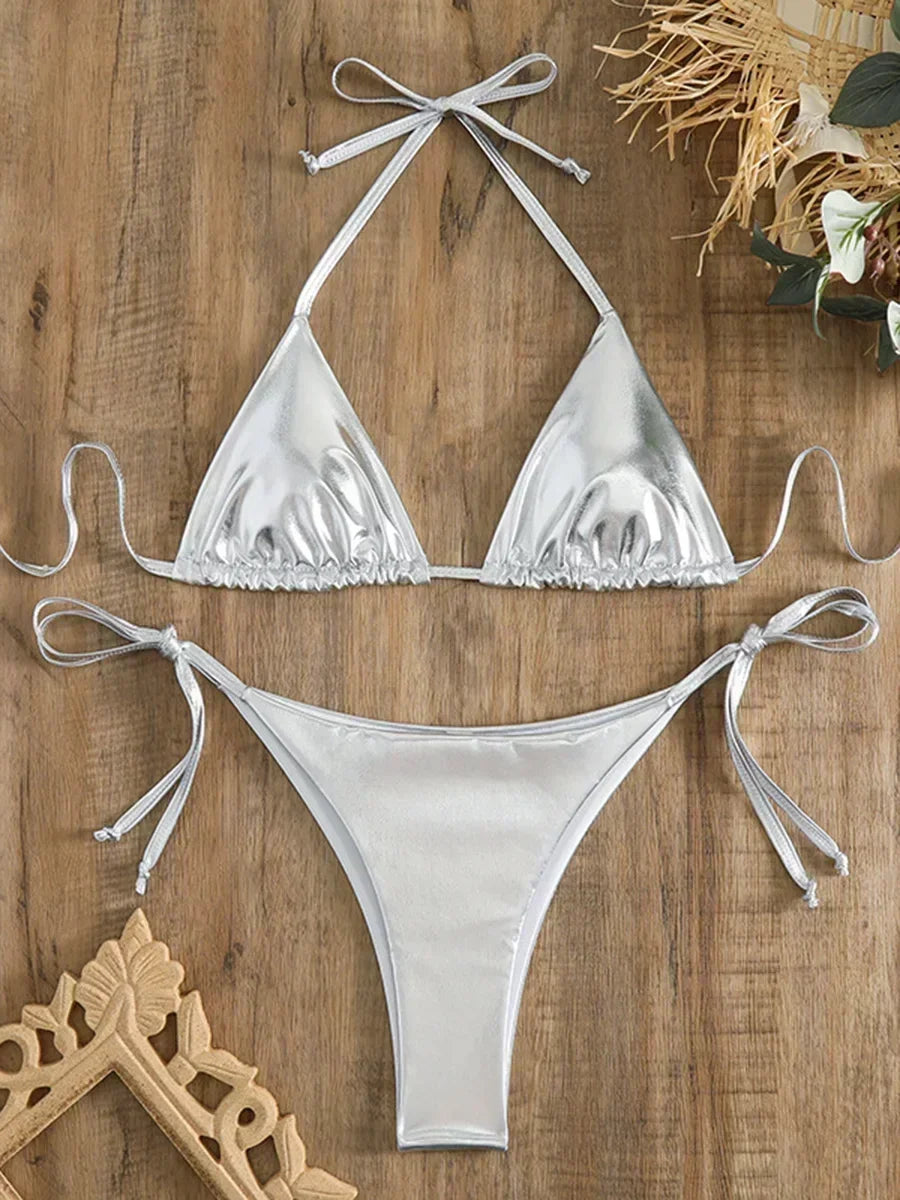 Sexy Shiny Pu Faux Leather Bikini