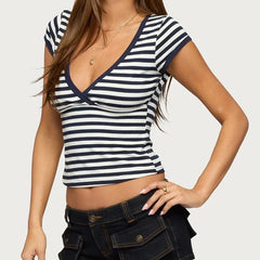 Daily Casual Basic T-shirt Striped Wrap V Neck Crop Top