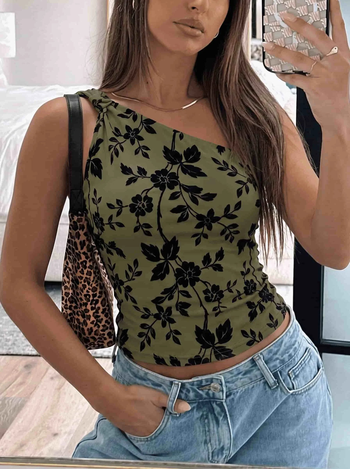 Floral Flocked Mesh One Shoulder Crop Top
