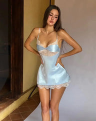 Light Blue Satin Lace Patch Mini Dress