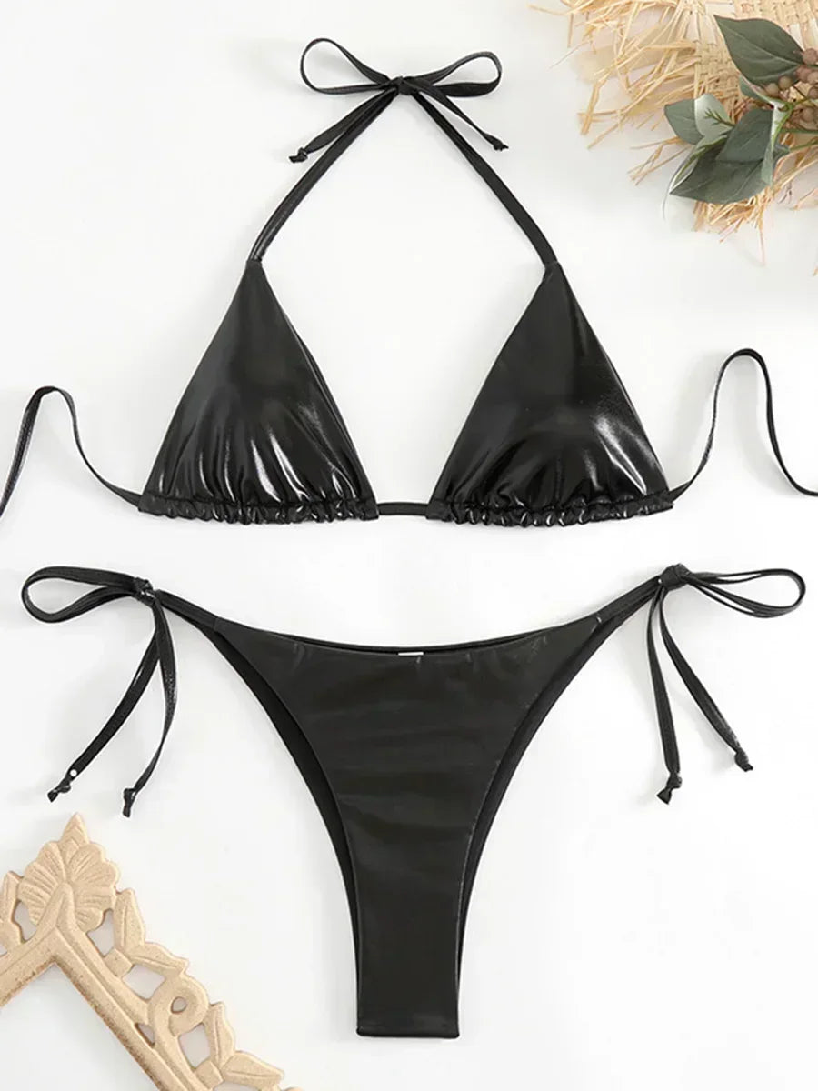Sexy Shiny Pu Faux Leather Bikini