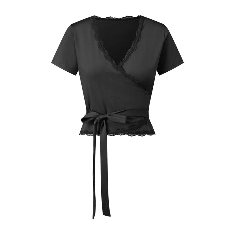 Lace Trim Wrap V Neck T-shirt Short Sleeve Self Tie Waist Slim Cropped Blouse Y2K Coquette Going Out Casual Crop Tops