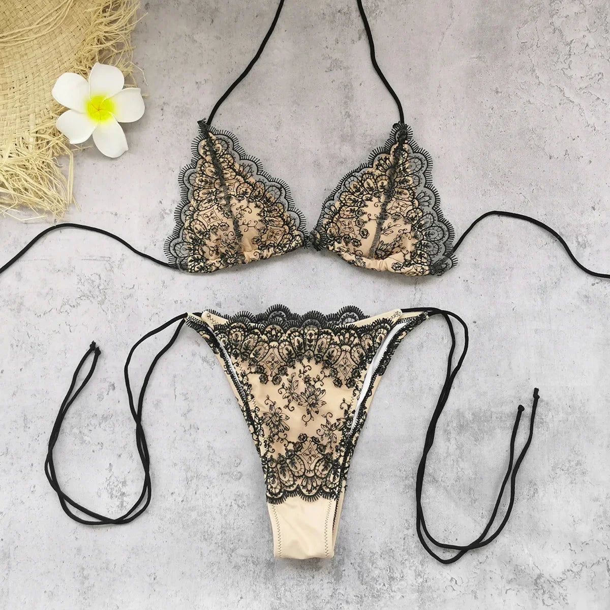 Sexy Black Lace Long Pants 3 Piece Bikini Set
