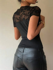 Solid Color Short Sleeve Boat Collar Lace Fitted Crop Top