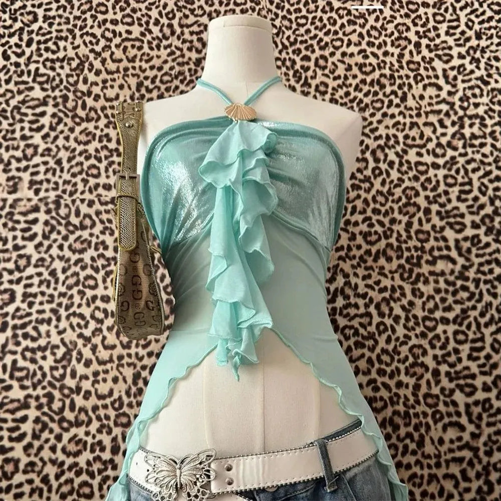 Casual Neck Vest Mesh Perspective Spice Girl High Street Tops