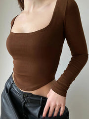 Square Collar Long Sleeve Casual T Shirts Green Autumn Skinny Sexy Solid Basic Crop Tops