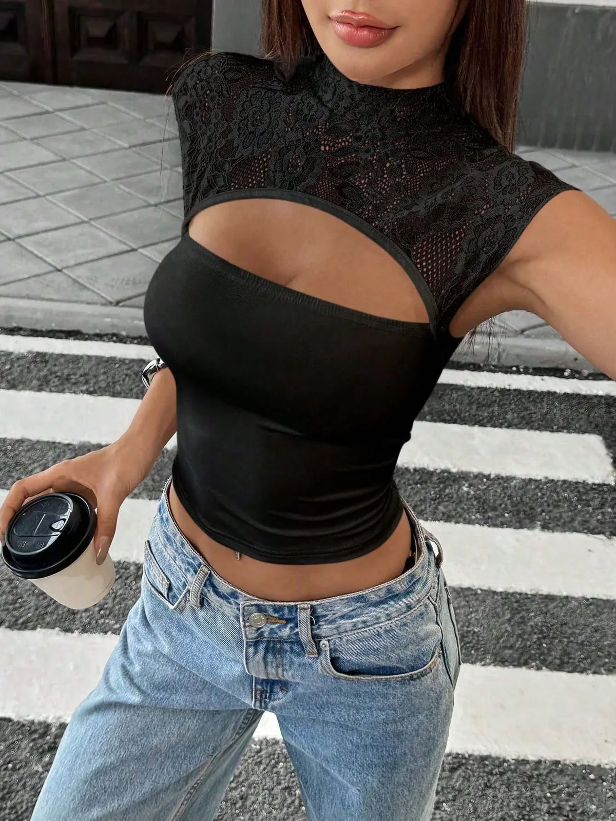 Lace Patchwork Slim Fit Front Hollow Out Crop Top