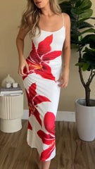 White Red Hibiscus Floral Print Spaghetti Strap Midi Dress