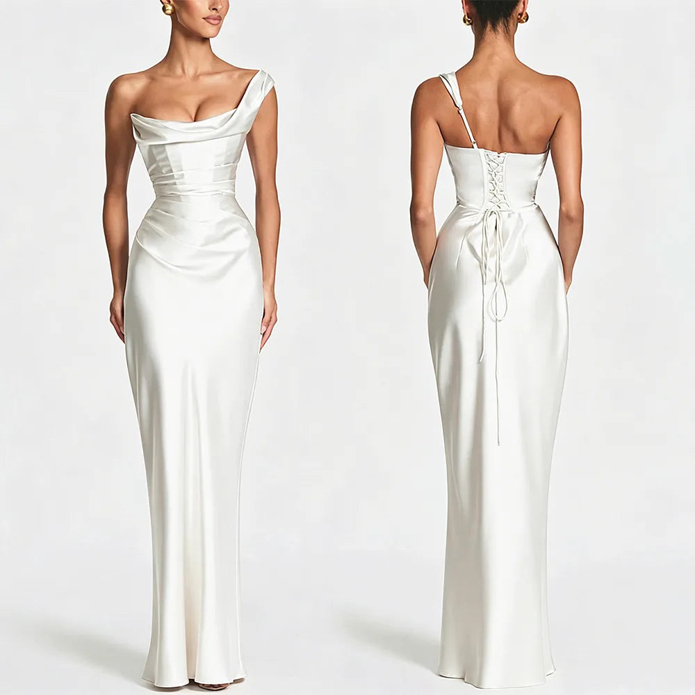 Sexy Light Blue Silky Satin One Shoulder Cowl Neck Draped Maxi Dress