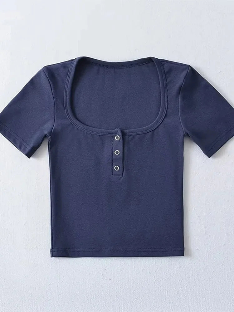 Button Front Short Sleeved Crop T-shirt