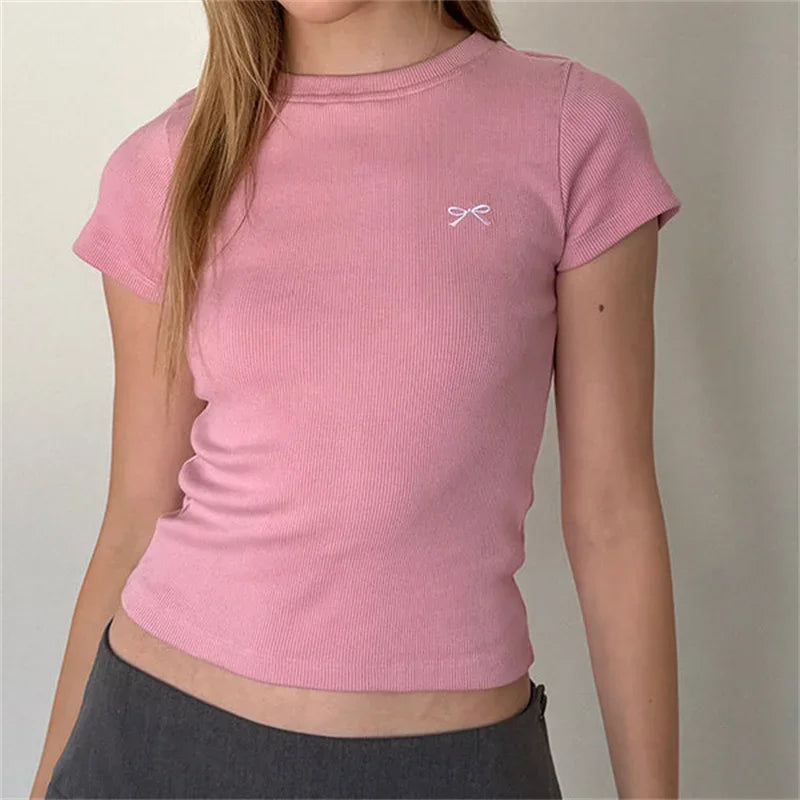 Cute Bow Embroidery Crop Top