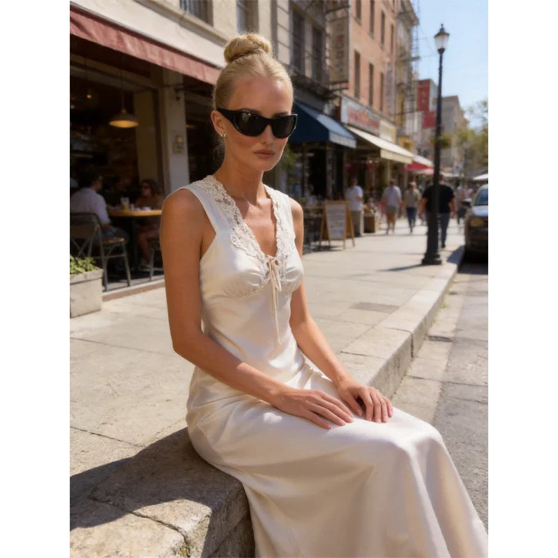 Vintage Silky Slip Midi Gown Lace Neckline Cap Sleeve Empire Flowy Skirt Elegant City Trendy Evening New Daily Outfit