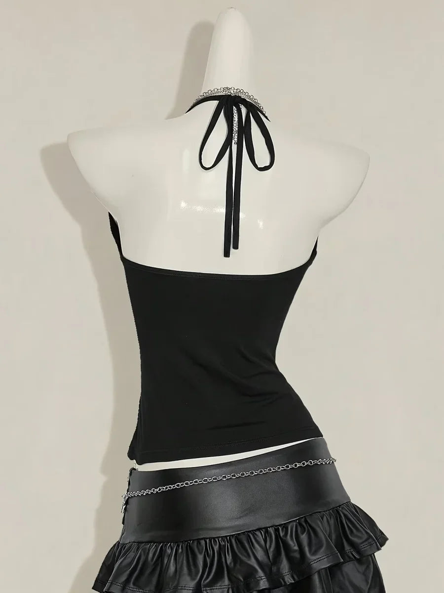 Halter Neck Solid Ruched V-Neck Back Tie Tank Top