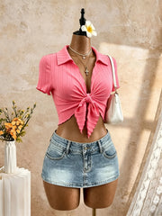 Polo Collar Front Tie Knot Short Sleeve Crop Top
