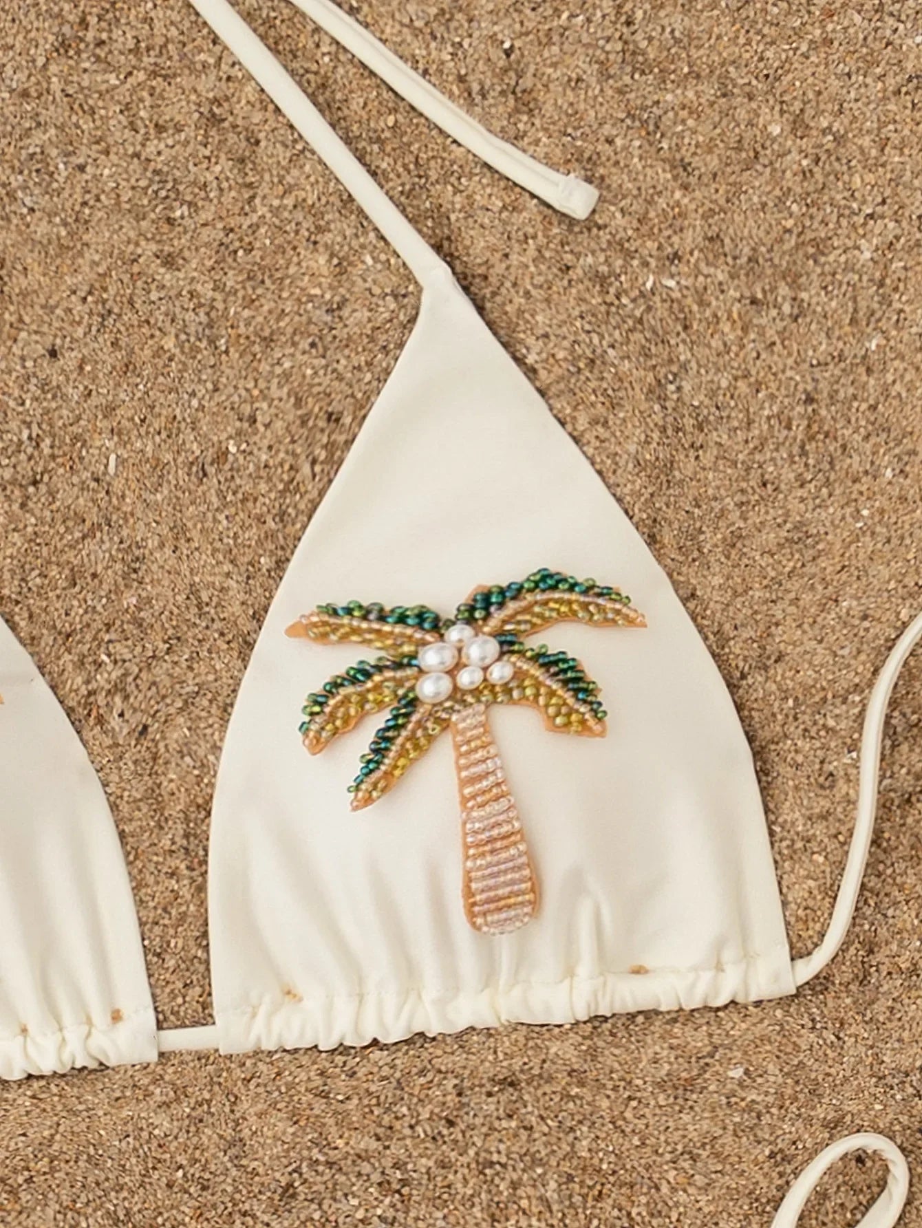 Sexy Beige 3D Pearls Coconut Tree Bikini Set