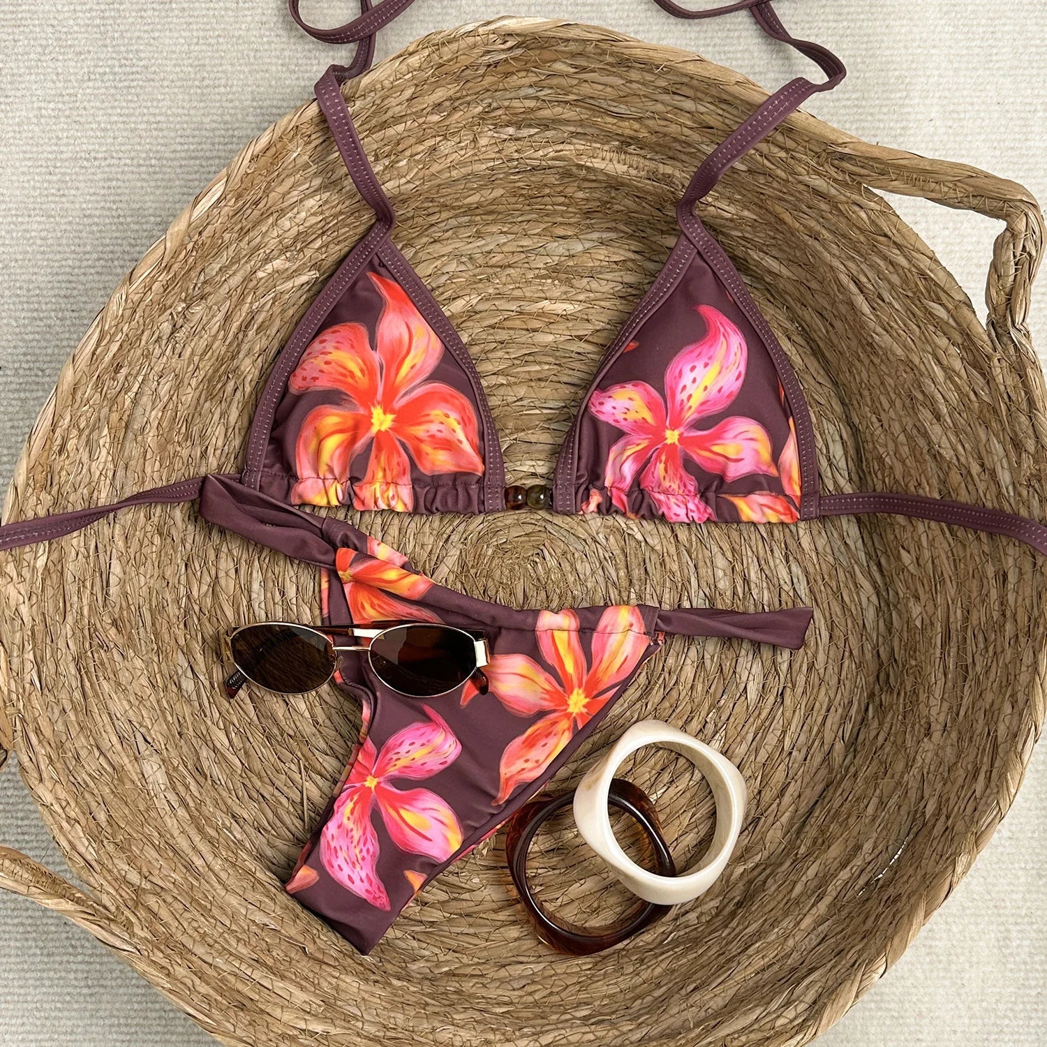 Sexy Coffee Flower Print Bikini Set