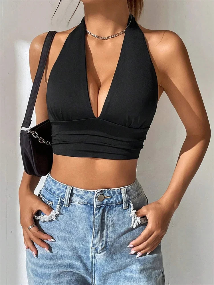 Sleeveless Backless Deep V-neck Halter Top