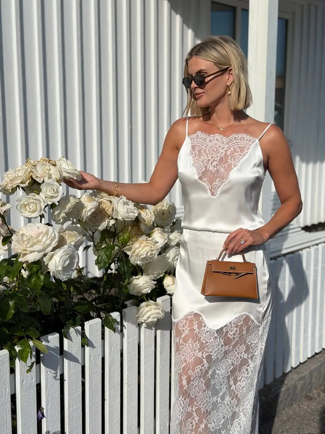 White Satin Lace Patchwork Medium Length Camisole Skirt Shoulder Straps Transparent Lace Hem Elegant Seaside Vacation Long Skirt