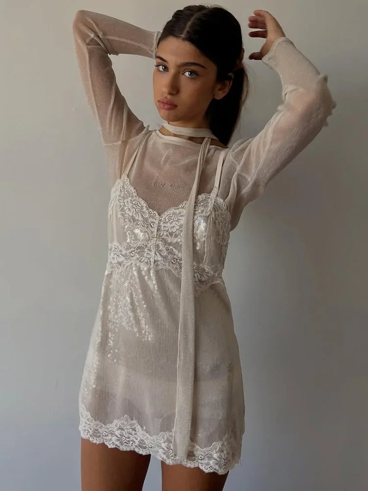 Lady Mesh Sequin Set Lightweight Sheer Long Sleeve Sun-protective Cover-up Spaghetti Strap Mini Dress